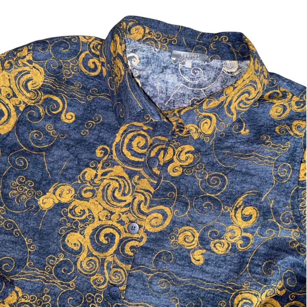 Habitat Woodblock Flounce Shirt Blue Swirl Print Button Down L Lagenlook Artsy - Picture 2 of 9